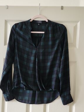 The Limited Black & Forest Green Plaid Wrap-Front Blouse